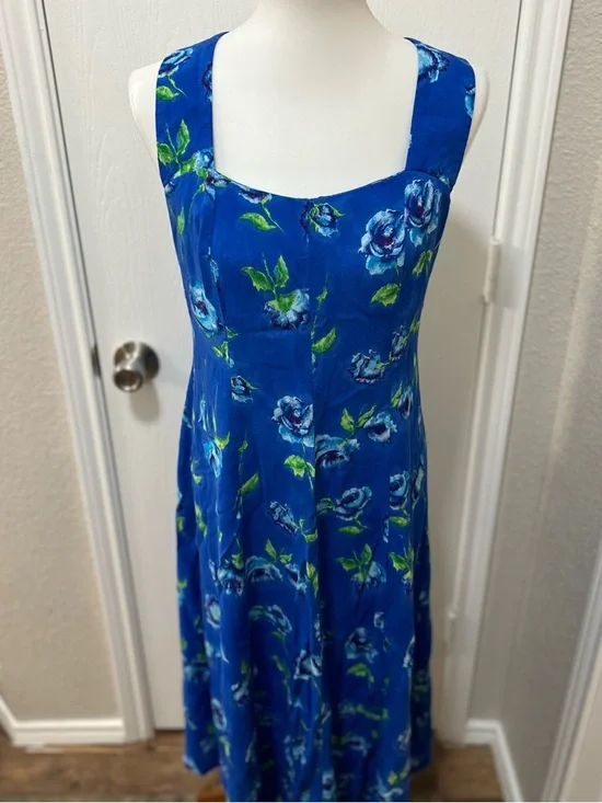 Connected VTG 90s Blue Rose Floral Midi Dress Sz 14 CrissCross Back Cottagecore - Picture 3 of 9